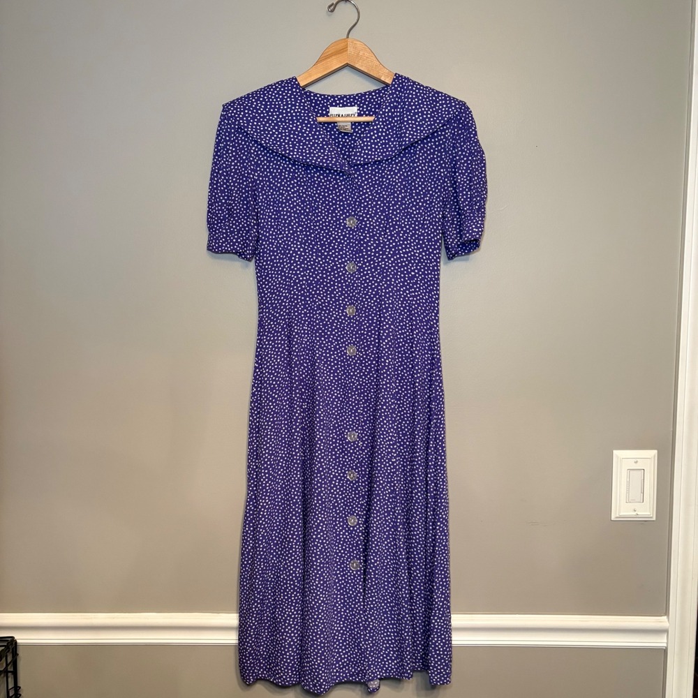 VTG Ellen Ashley Vintage Purple Polka Dot Button‎ Sailor Collar Midi Dress 4P
